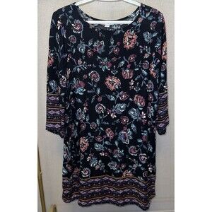 Beach Lunch Lounge Black Floral Midi Dress Casual Boho Chic Loose Fit, Size M